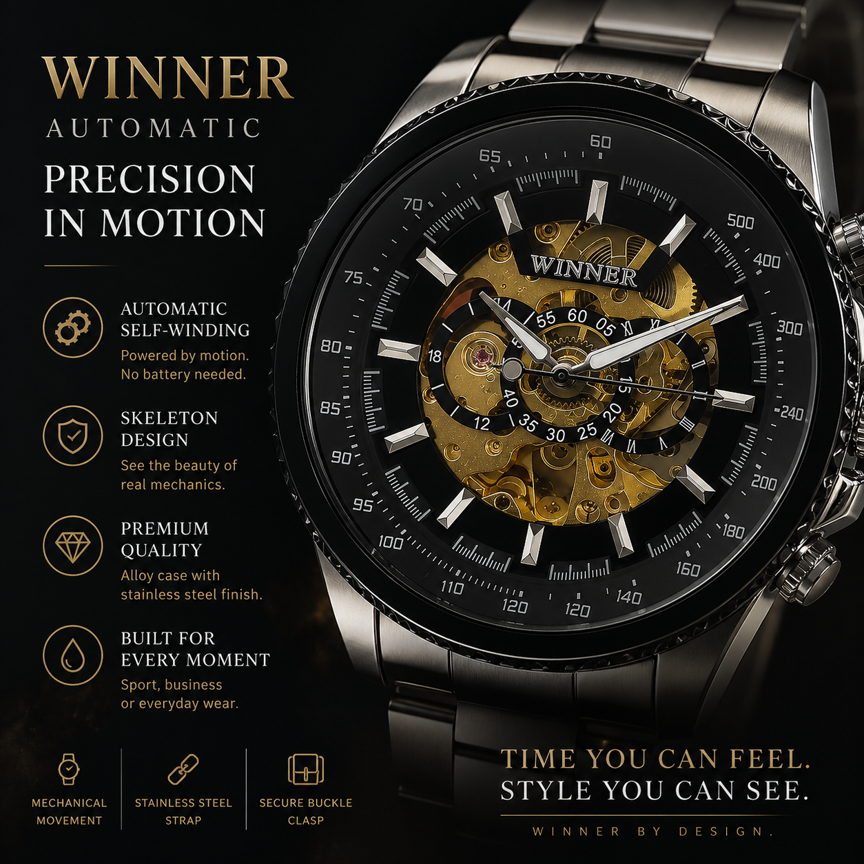 ⭐ Winner Automatic Skeleton Mechanical Watch| Luxury Watch